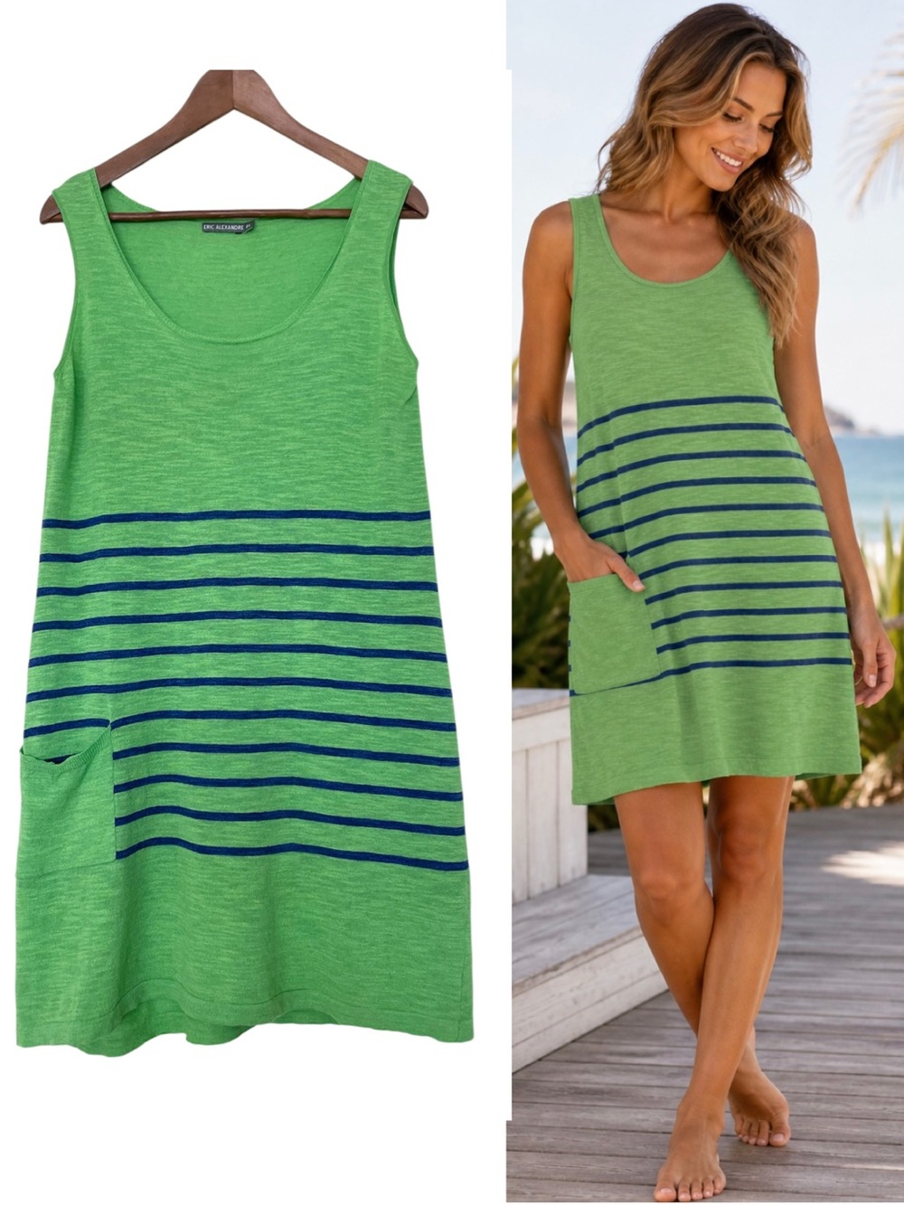 Eric Alexandre Linen Cotton Beach Dress Green Striped Pocket Sleeveless L